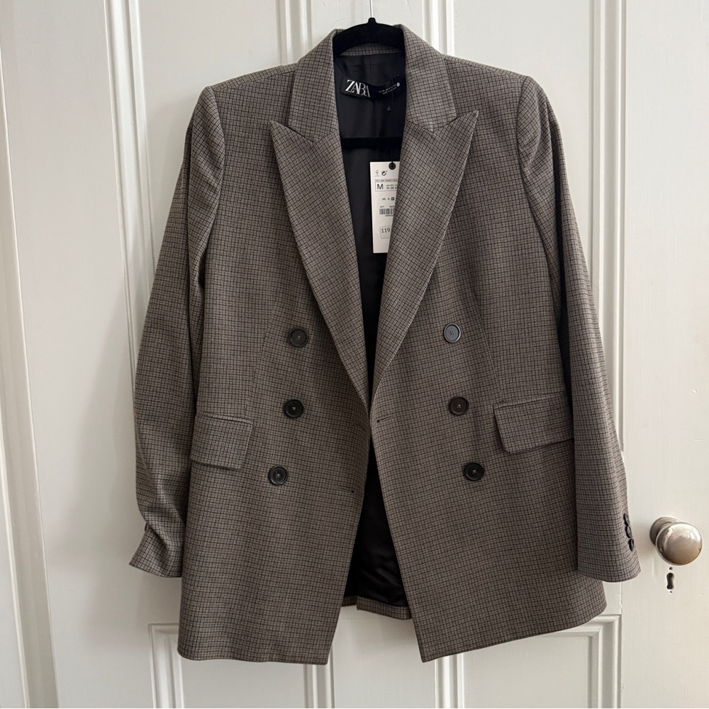 Zara Gray Checkered Double Breasted Blazer with Gathered Sleeves - Medium NWT